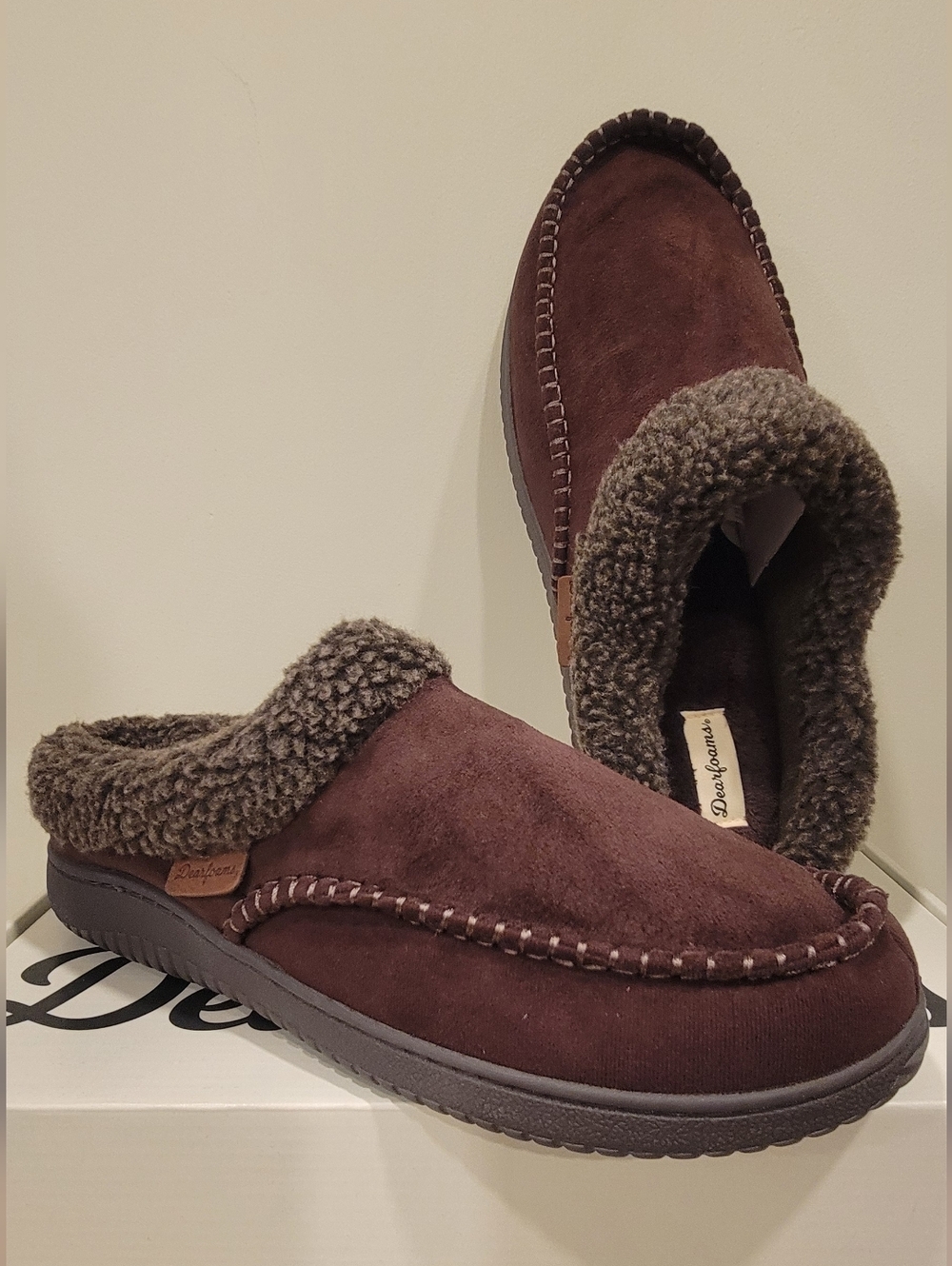 dearfoams Men's Dark Brown Suede Slip-On Moccasin Slippers with Faux Shearling